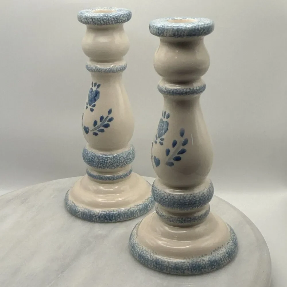 Vintage Blue Heart Spongeware Ceramic Candlestick Holders Pair Country 7.5